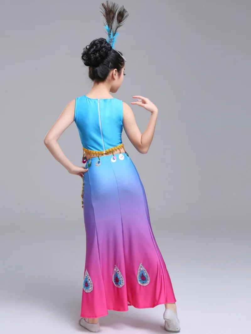 Chinese ethnic children's doubleshoulderDai dance dress Fishtail skirt Elastic peacockdance performance Girl's performance dress