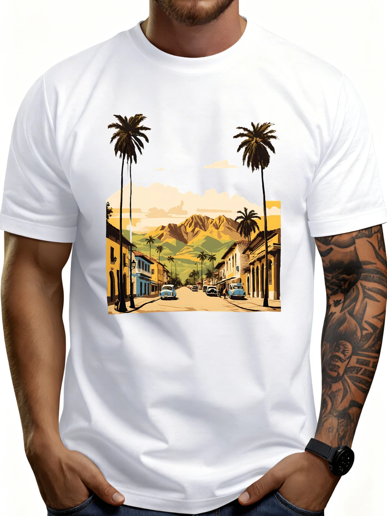 Casual Style Men's T-Shirt Featuring Tropical Street Scenes with Palm Trees and Mountains, Perfect for Summer Wear for Travel and Vacation Enthusiasts.
