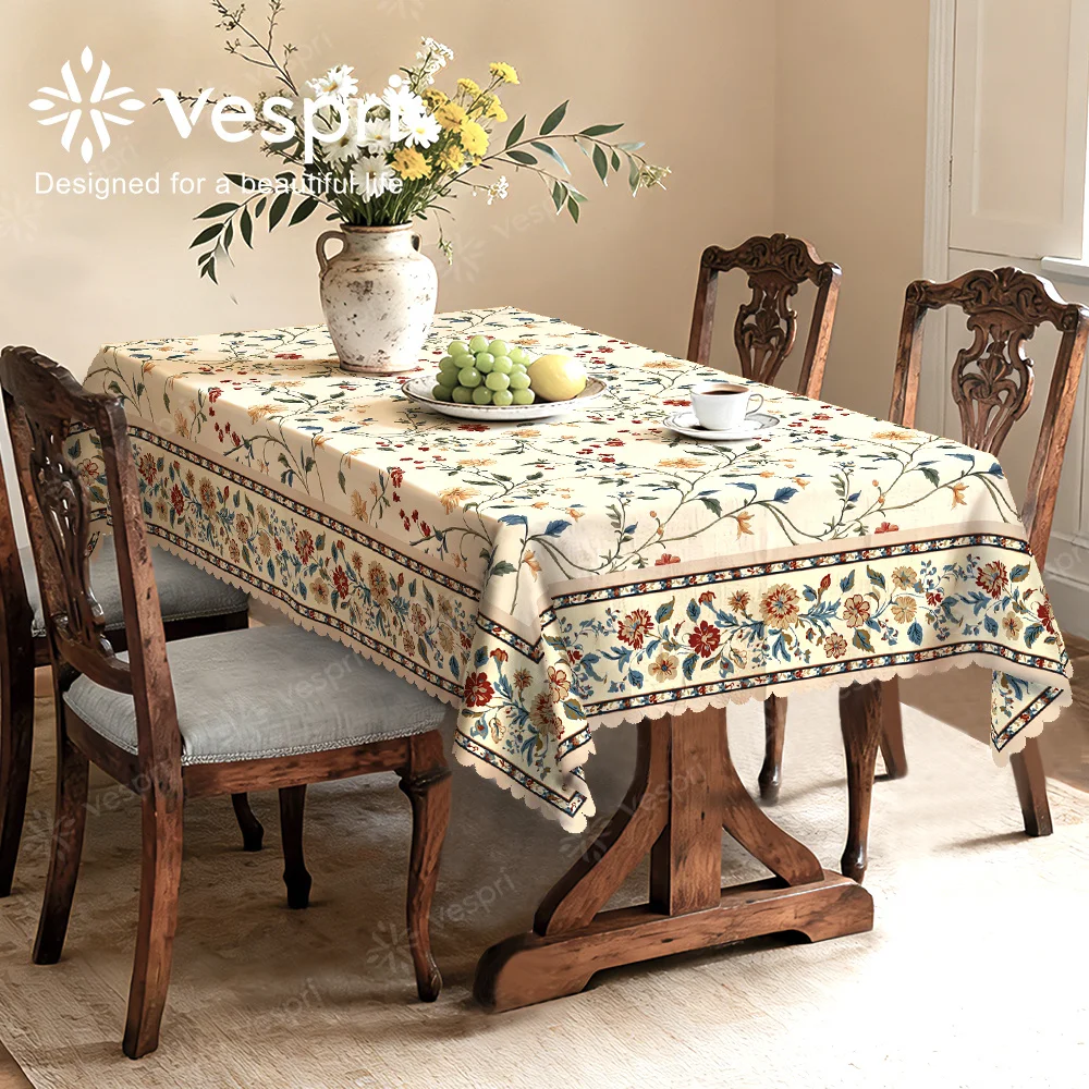 Vespri Spring, Wood Grain, Mediterranean Style Tablecloth, White and Beige Decorations, Flowers and Checks
