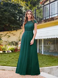 A-line Sash Scoop Neckline Short Lace Short Sleeves Elegant Dresses For Women Floor-length Dresses For Special Events Prom