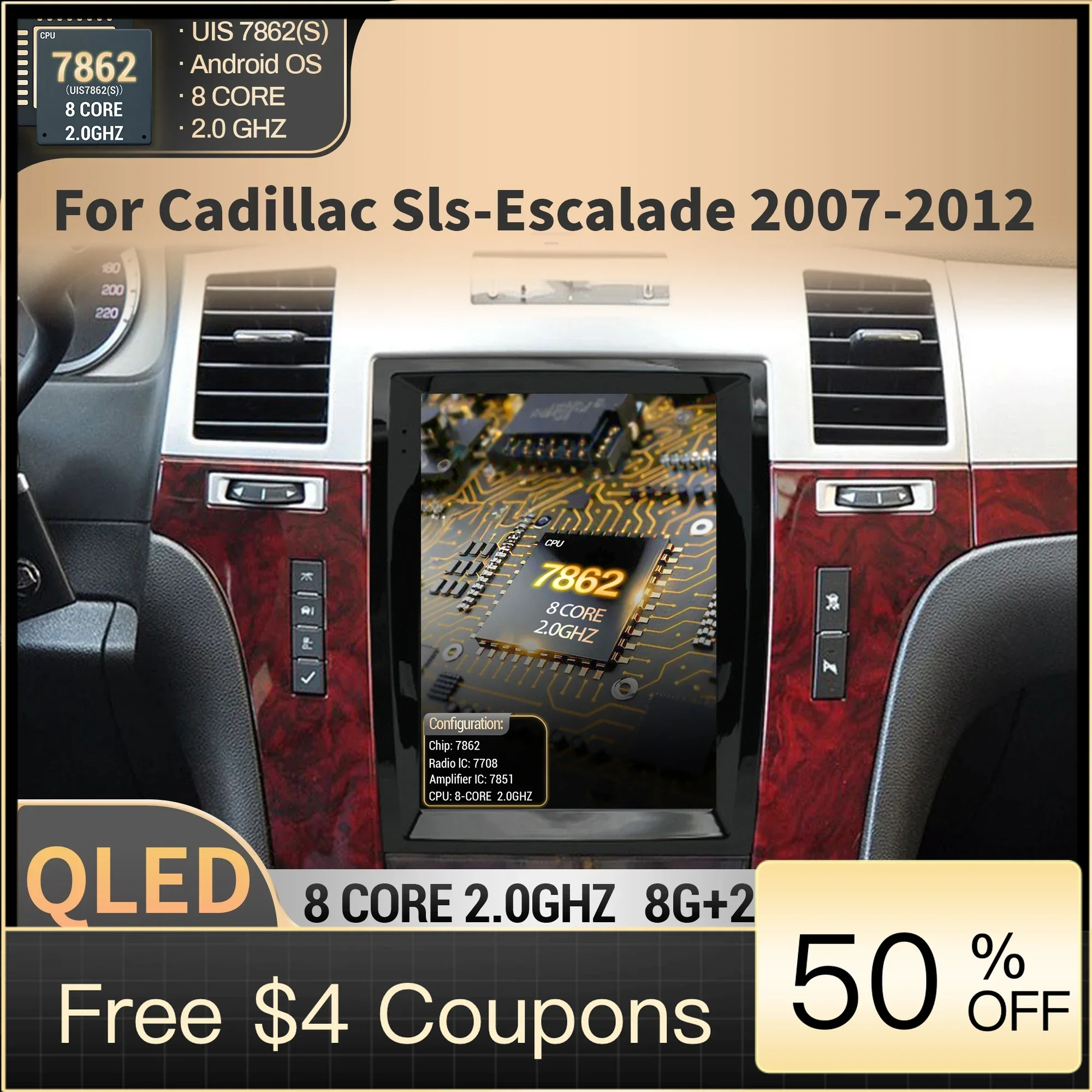 

9.7" For Cadillac Sls-Escalade 2007 2008 2009 2010-2012 Car Multimedia Stereo Navigation GPS Wifi BT Radio Head Unit QLED Screen