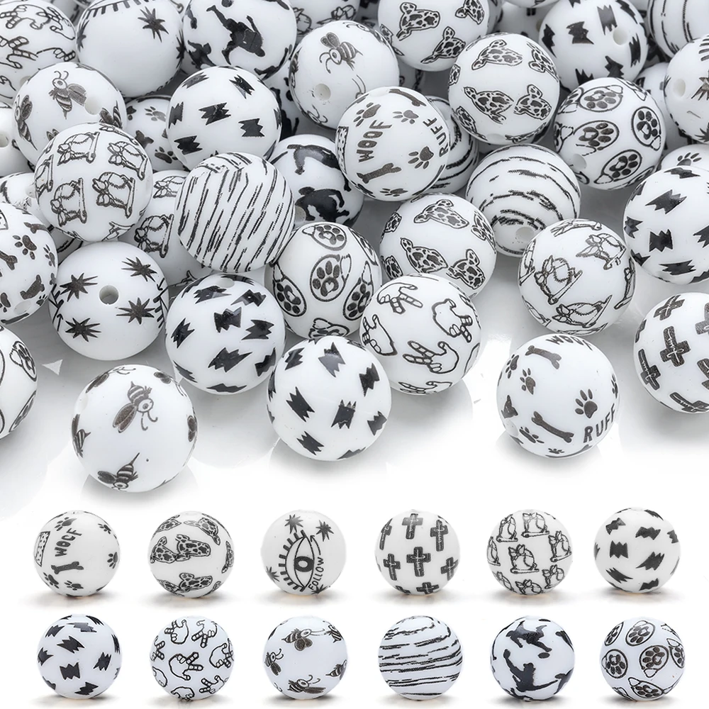 10Pcs Black&White Printed Silicone Beads Food Grade Teething Chew Beads DIY Baby Bracelet Pacifier Chain Making  Accessories