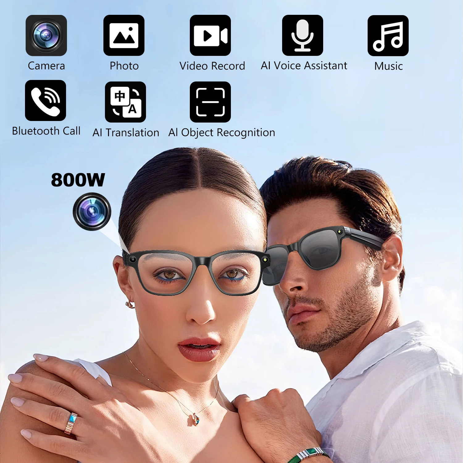 

AI Smart Glasses with Camera Bluetooth Call Voice Assistant TWS Earphones Real-time Translation Sunglasses with Mic Speaker