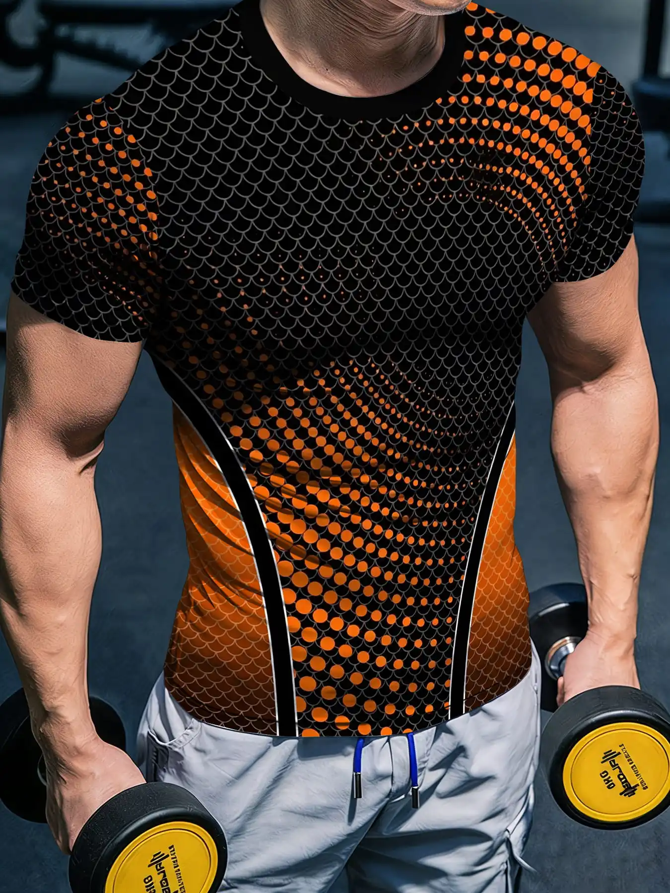 Men Compression T-Shirt Quick Dry High Elastic Honeycomb Dot Gradient Print Short Sleeve Fitted Top