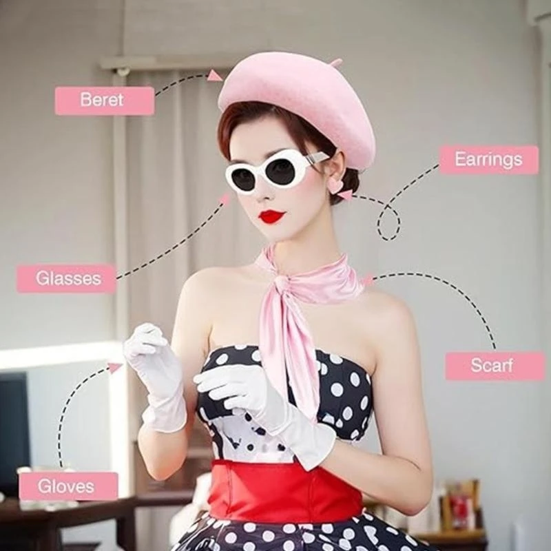 652F Ladies 1980s Costume Hat with Sunglasses Heart Earrings Gloves Scarf for Women Birthday Themed Party Music Festival