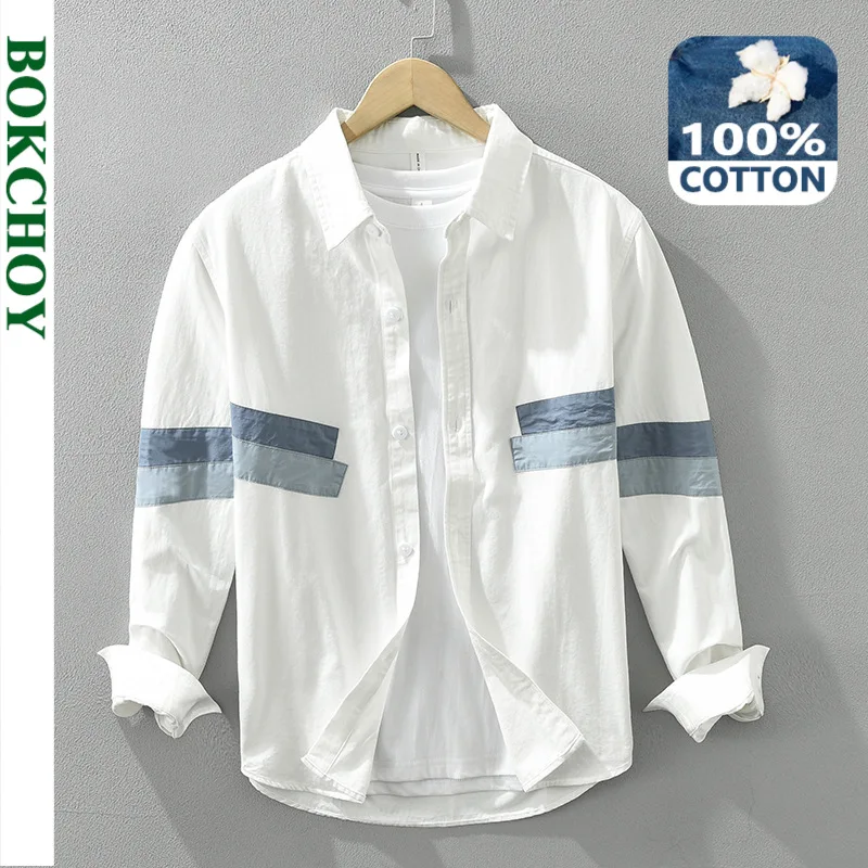 2024 Spring New Casual Patchwork 100% Cotton Long Sleeve Shirts for Men Clothing Simple Fresh Turn-down Collar Soft CM6766