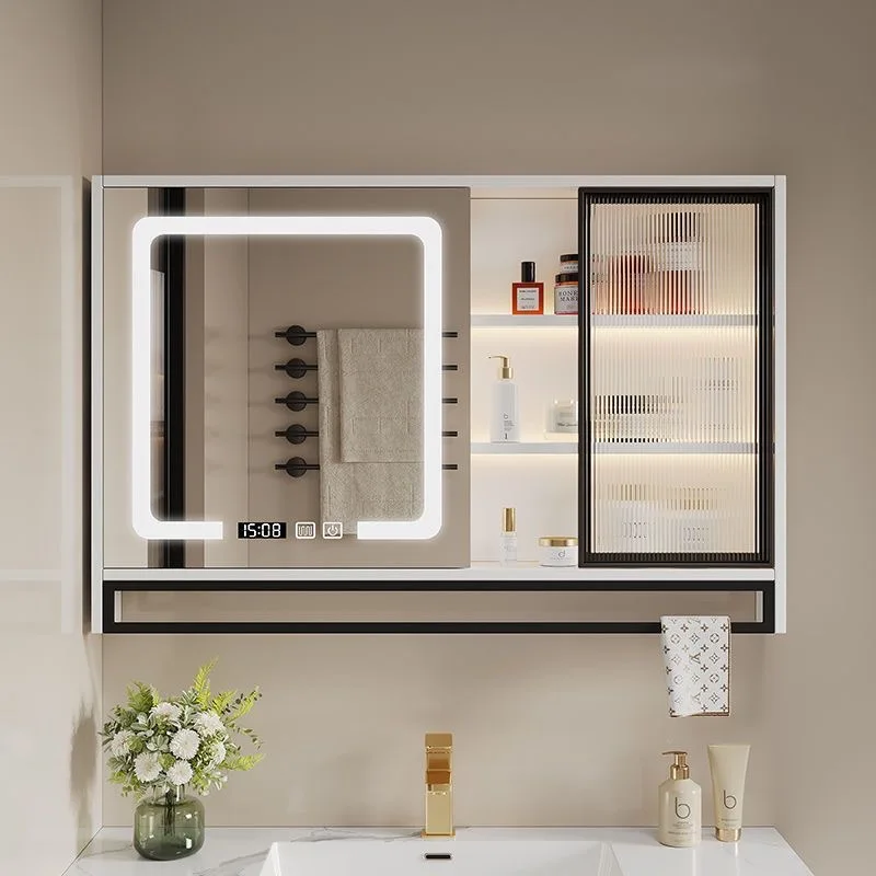 Smart bathroom mirror cabinet Solid wood separate wall-mounted bathroom mirror Glass door mirror box with locker