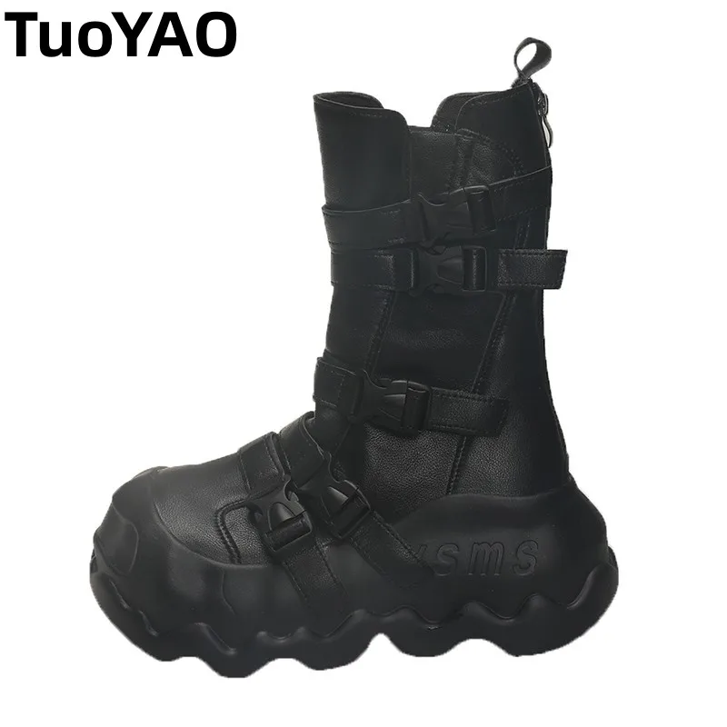 

Women Ankle Boots Autumn Leather Chunky Shoes Woman High Platform Breathable Sneakers 8CM Thick Sole Wedges Motorcycles Boots
