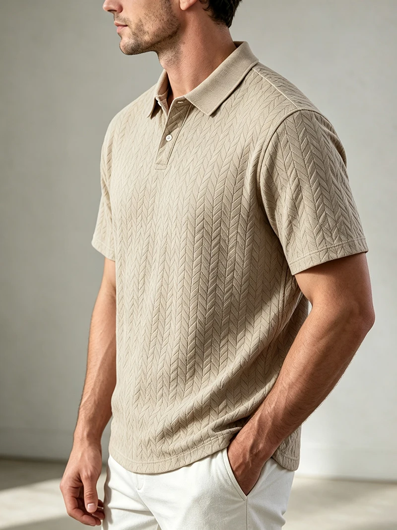 Herren-Poloshirt mit strukturiertem Jacquard-Muster, kurzärmelig, lockere Passform, vielseitig einsetzbar, für den Alltag, für den Urlaub, für die Freizeit, für den Sommer, Freizeitoberteile – Detail 4