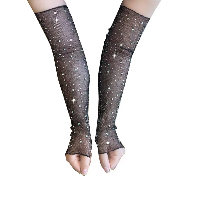 Sexy Flash Drill Thin Mesh Half Finger Lace Arm Sleeve Summer Rhinestone Sunscreen Gloves Nightclub Performance Mittens S154