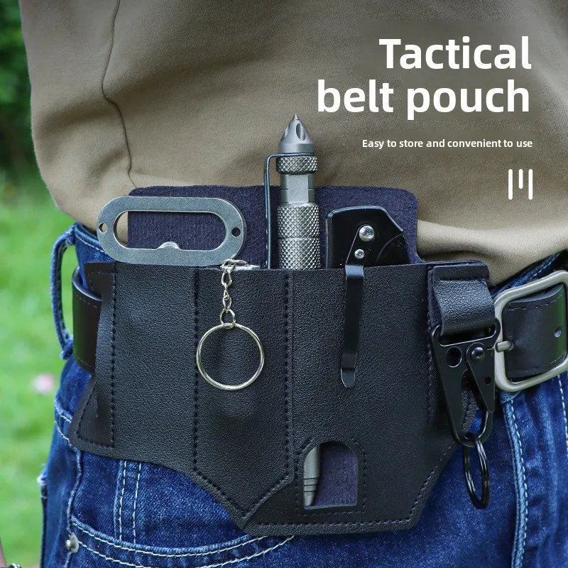 

Tactical Leather Tool Sheath, Belt Loop Waist Pouch, Outdoor Camping Carabiner Bag for Wilderness Survival Gear Storage
