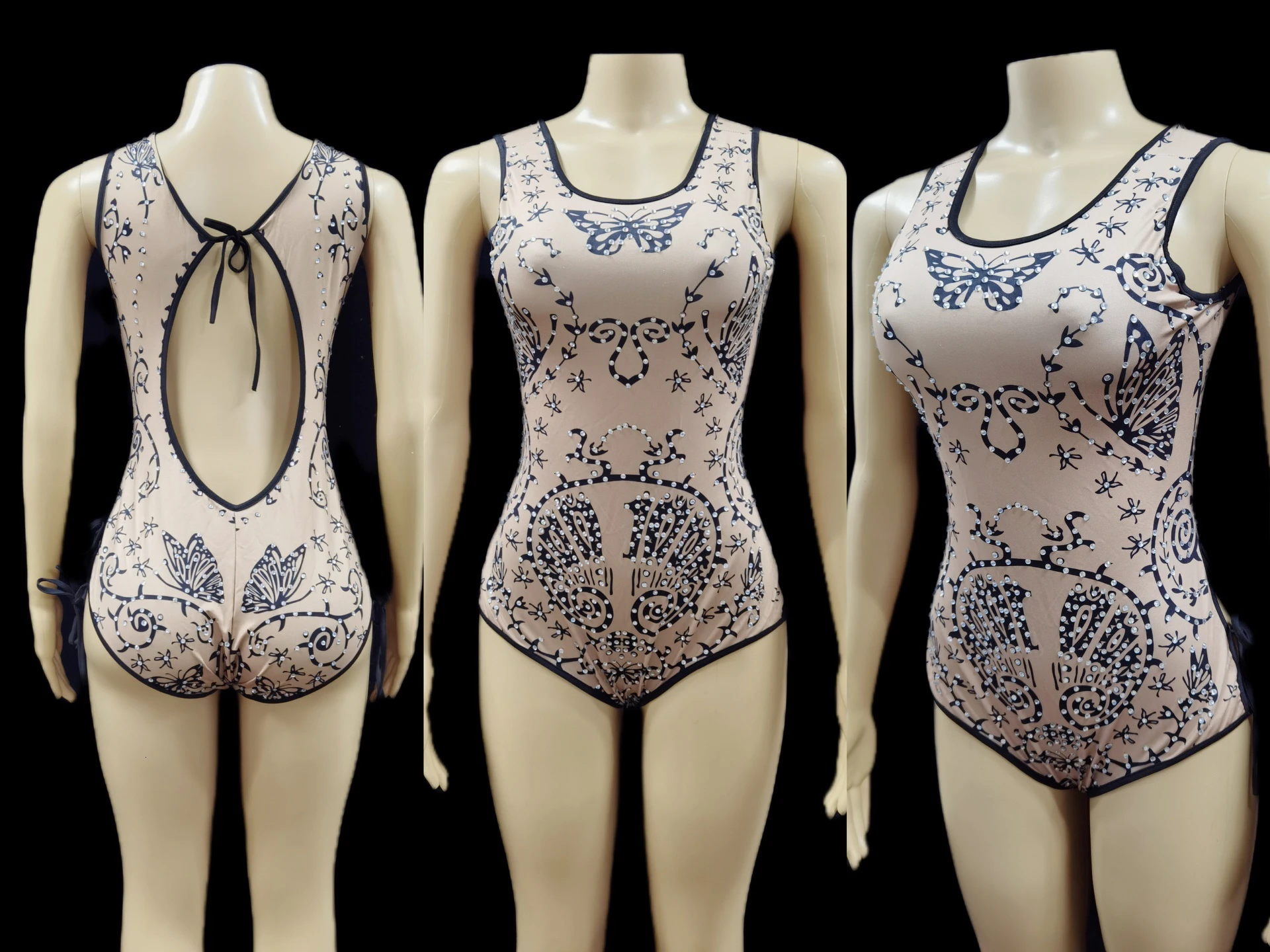 Sexy tights, ice silk printed bikini, thin ladies' seduction, crotch-opening ladies' high-fork jumpsuit