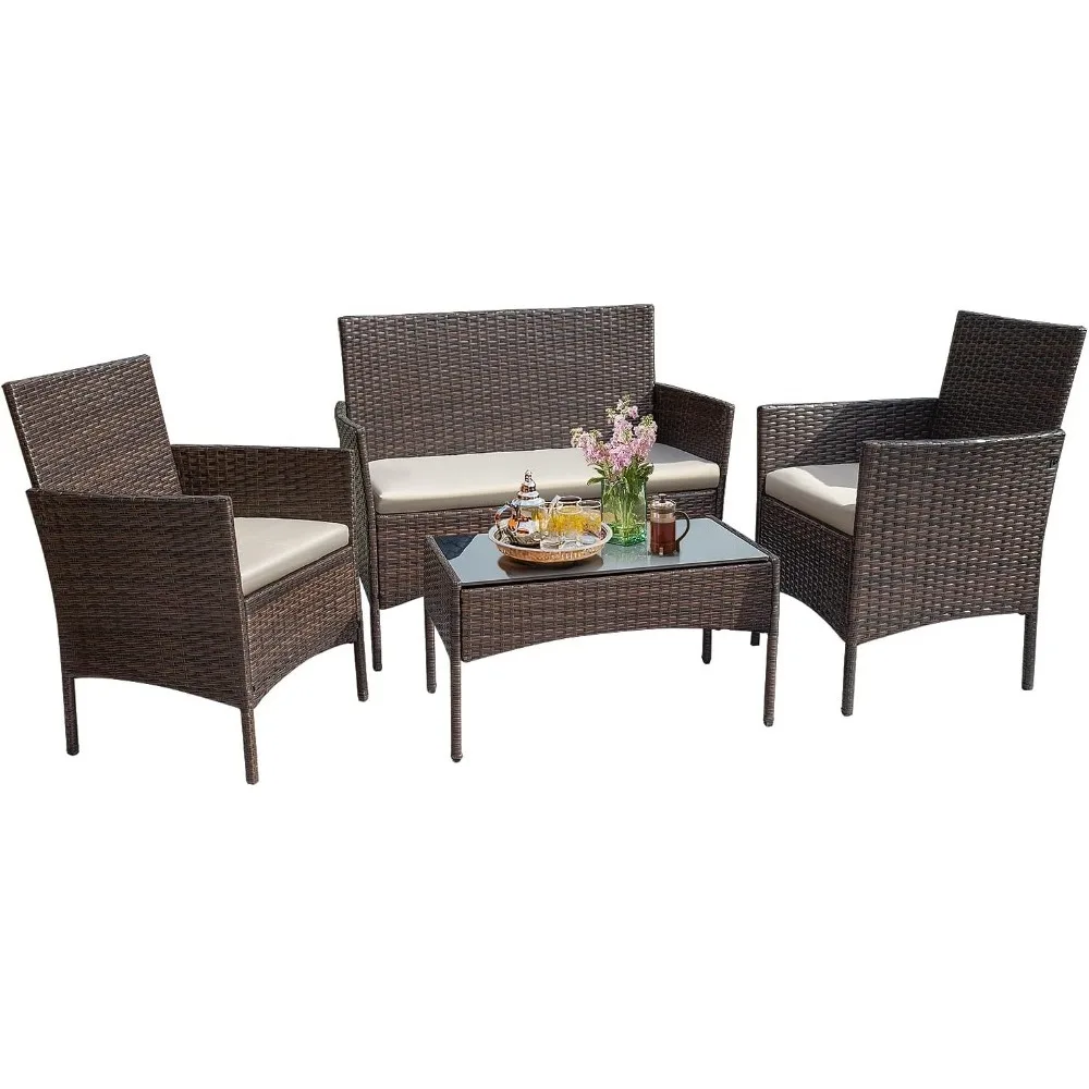 Patio Furniture 4 Pieces Conversation Sets Outdoor Wicker Rattan Chairs Garden Backyard Balcony Porch Poolside loveseat