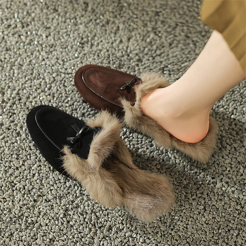 2023 Winter Sheep Suede Women Shoes Rabbit Hair Mules Shoes for Women Round Toe Slippers Chunky Heel Cover Toe Slippers Shoes