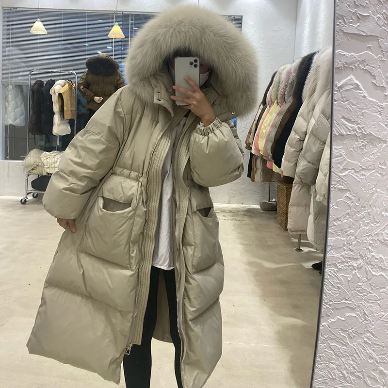 New Winter Snow Long Jacket Women Large Natural Fur Collar Hooded Parkas 90% White Duck Down Coat Thick Warm Outwear