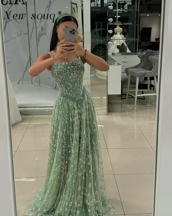 Sage Green Spaghetti Strap Evening Dresses A Line Beaded Sequin Formal Wedding Party Gowns Elegant for Women Customized