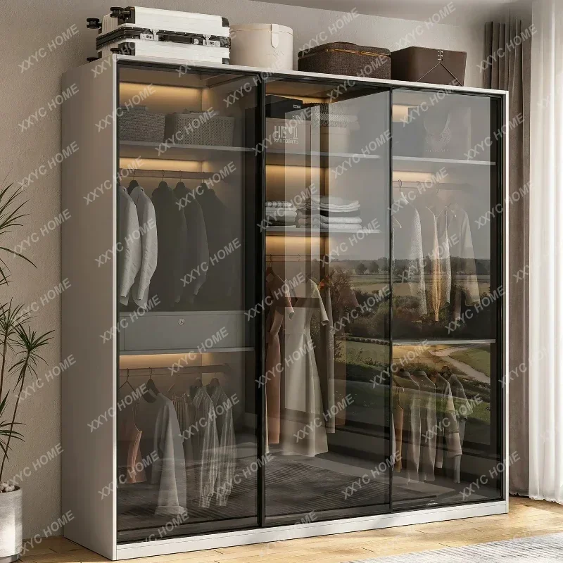 XXModern Sliding Glass Door Wardrobe Customizable Particle Board Closet With LED Lights For Small Bedrooms Interior Furniture