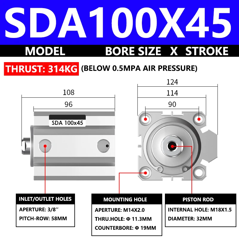 ABILKEEN SDA100X45 SDA Series Thin Air Cylinder 100MM Female Thread Bore X 45MM Stroke Double Acting Pneumatic Compact Cylinder