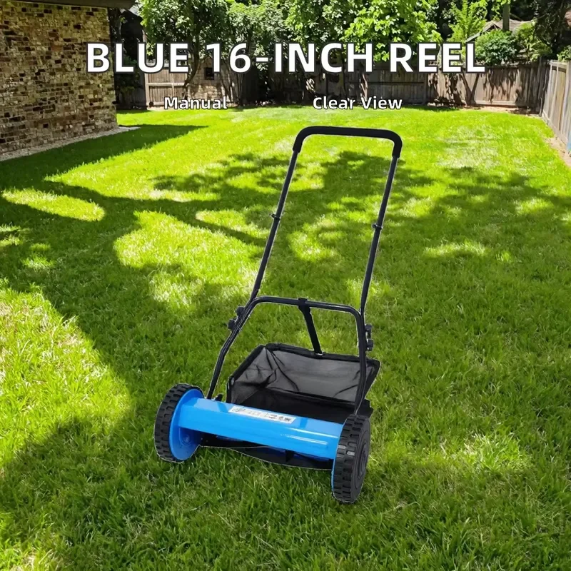 Blue 16 Inch DIY Push Reel Lawn Mower with Grass Catcher Manual Hand Operated Outdoor Garden Yard Cutting Tool