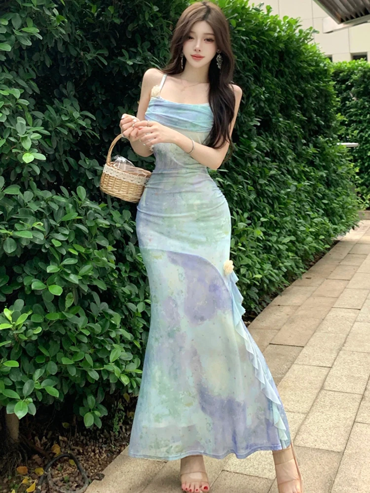 Women Fashion Print Chic Sling Sexy Long Dress Summer Elegant Luxury Ruffled Mermaid Dress 2025 Korean Bodycon Festival Vestidos