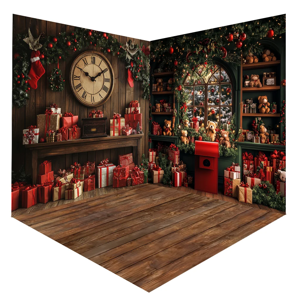 

Christmas Gift Room Backdrops Photography Xmas Tree Clock Toy Bear Presents Decor Kids Adult Portrait Backgrounds