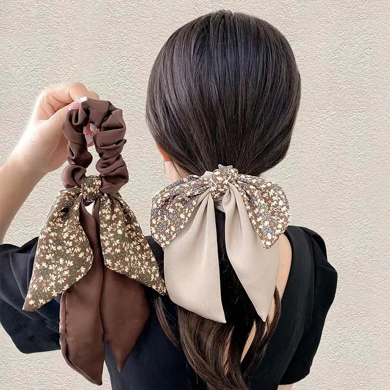 Lazos para el cabello con lazo Floral coreano para mujer y niña, elásticos dulces, cinta larga, bufanda para cola de caballo, accesorios para el cabello 2024