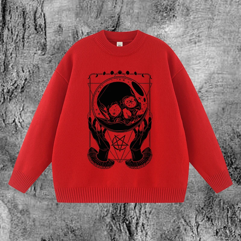 

Y2K Vintage Gothic Long Sleeve Knit Sweater Harajuku Versatile Casual Loose Pullover Streetwear Creative Skull Pattern Print Top