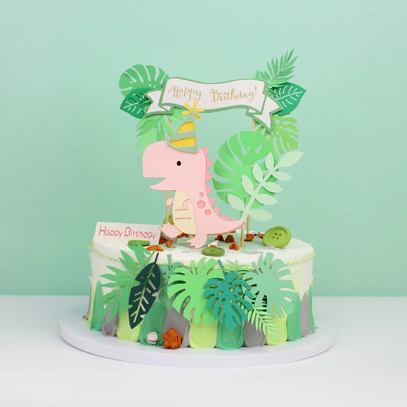 Dinosaur Cake Toppers Jungle Safari Dino Theme Party Cake Decor Palm Leaves Kids Birthday Party Decorations Baby Shower Supplies