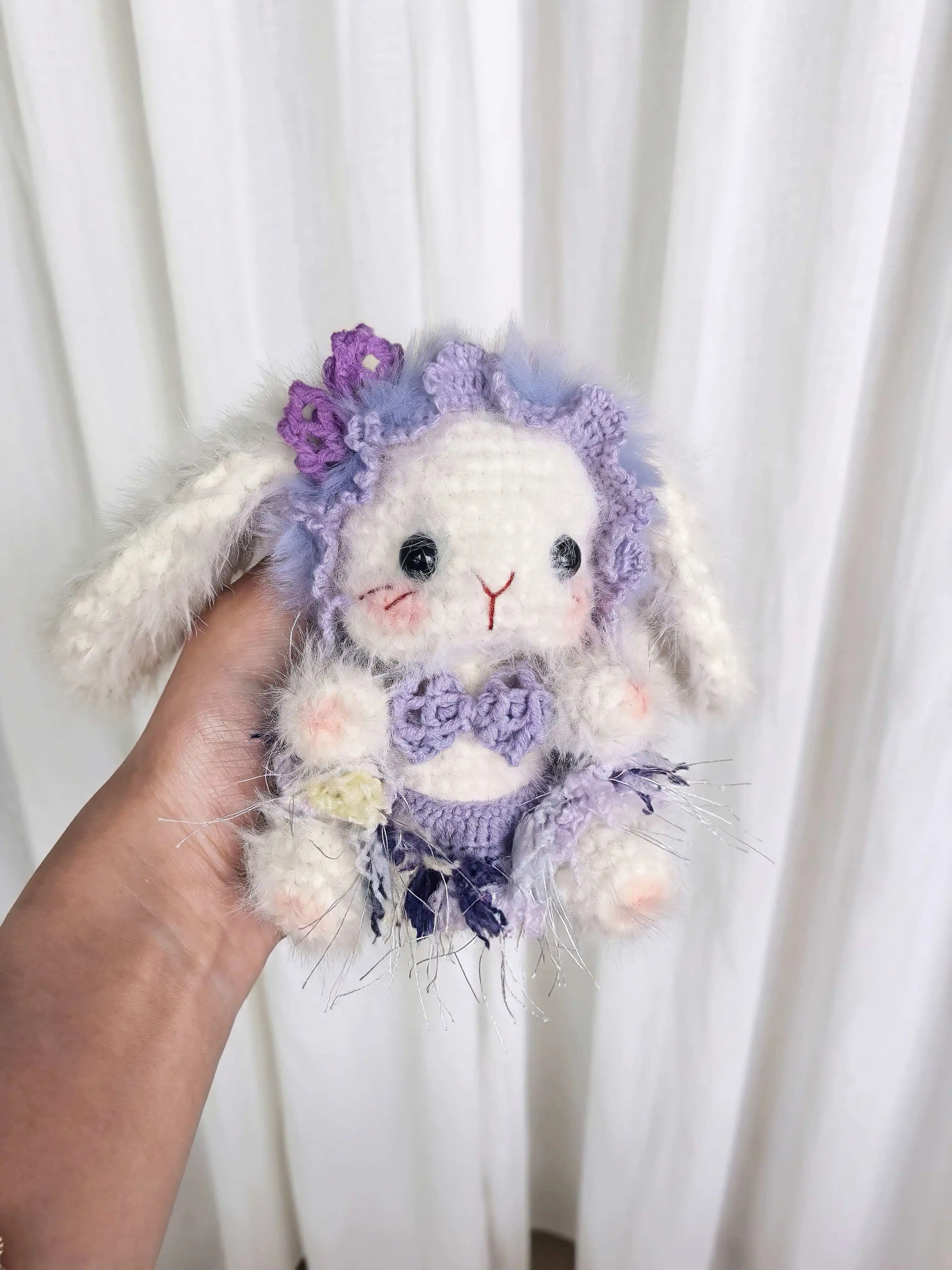 Handmade Crochet Purple Bunny Doll Fluffy Long Ear Rabbit Amigurumi Plush Toy Cute Stuffed Animal Gift for Girlfriend Home Decor