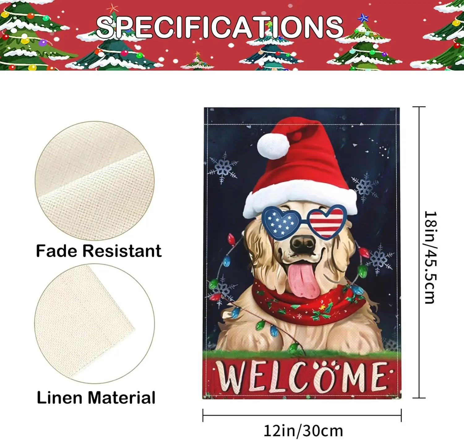 Welcome Christmas Dog Garden Flag, Double Sided Cute Dog with Santas Hat Yard Flag Weather Resistant Welcome Seasonal Outside De