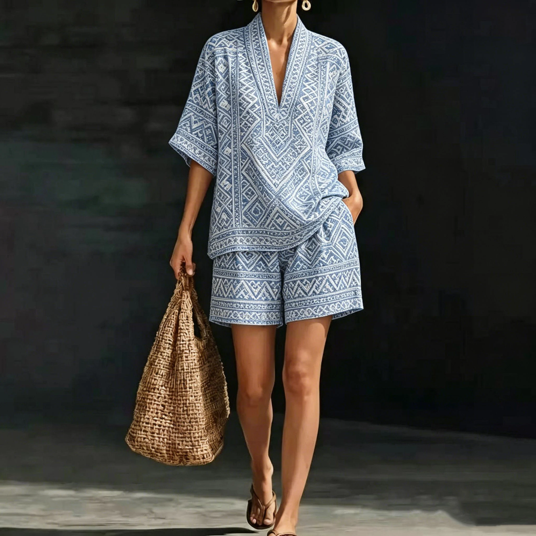 

Women Light Blue Boho print Short Vest Top Two-Piece Set Vintage High Waist Summer Short Pants Sets for Female Fashionable Sets