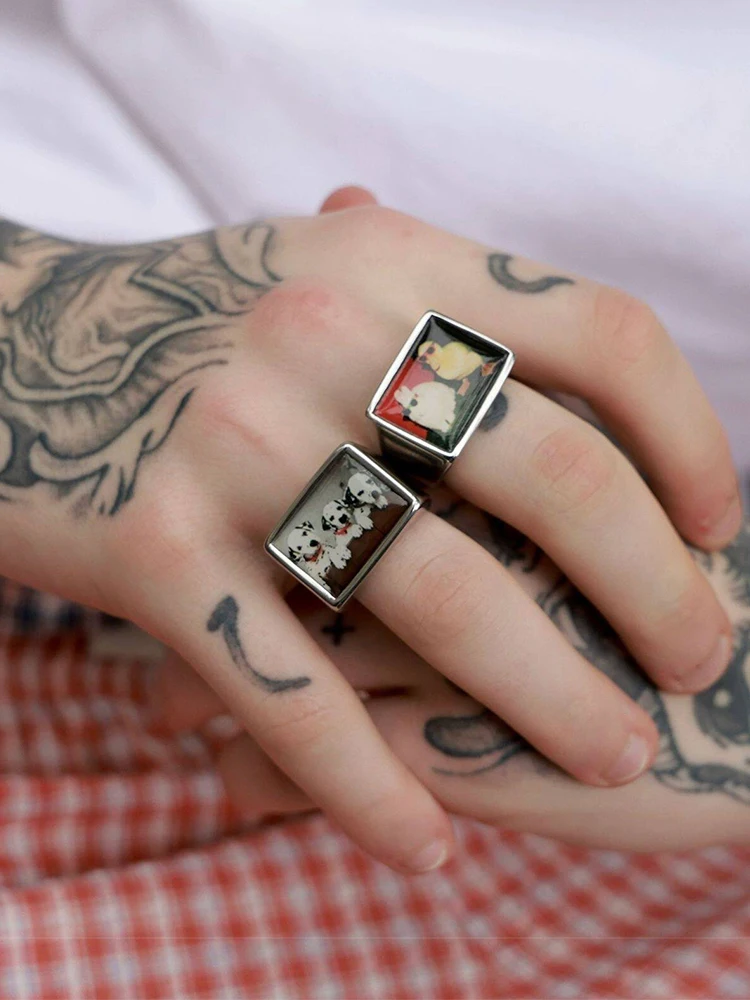 Copper Alloy Animal Photo Print Signet Ring Jewelry Accessories Men Women Funny Rabbit Duck Pattern Statement Finger Ring For Da