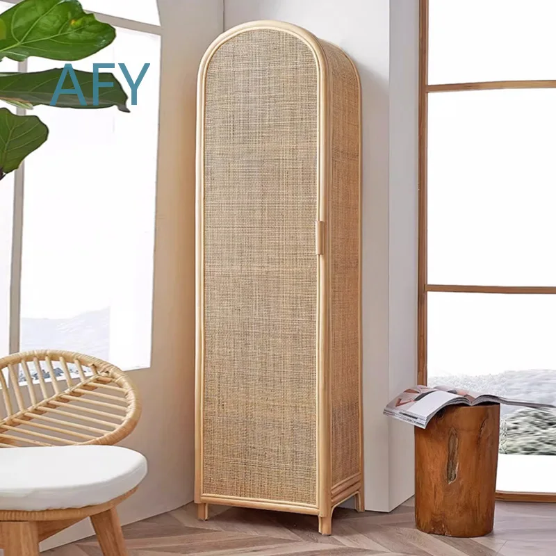 Nordic Natural Rattan Single Door Wardrobe for Small Apartments Bedrooms Home Storage Cabinet Vintage Japanese Style Boho
