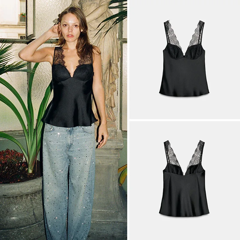 

Sexy Versatile Lace Silk Satin Feel Top Women's Fashion New Arrival 2025 Autumn Suitable for 18-25 Years Old Ladies
