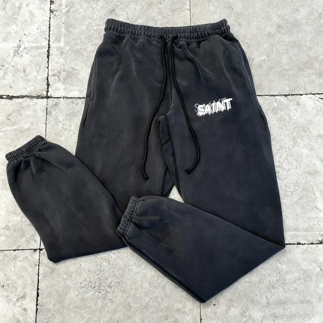 2026 Saint Ribon Drawstring Elastic Waistband Vintage Print Washed Distressed Loose Fleece-lined Cuffed Sweatpants Trousers