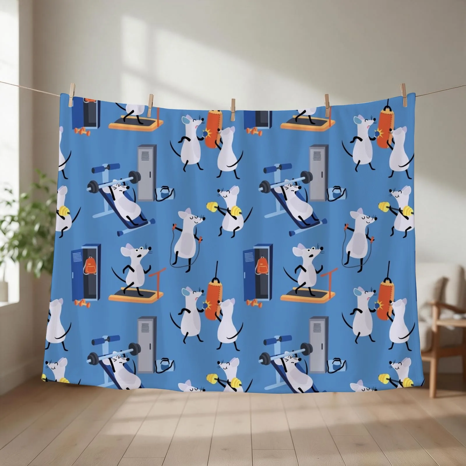 Funny Workout Gym Rats Kids Pattern Blue Throw Blanket