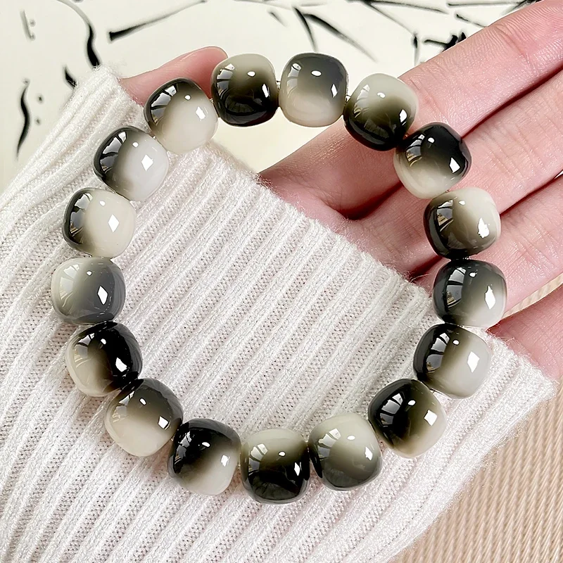 Ink Floating Flower White Jade Bodhi Bracelet Female Wrinkle Soft Student Wen Play Bodhi Root Bodhi Plate Play Bead Hand String