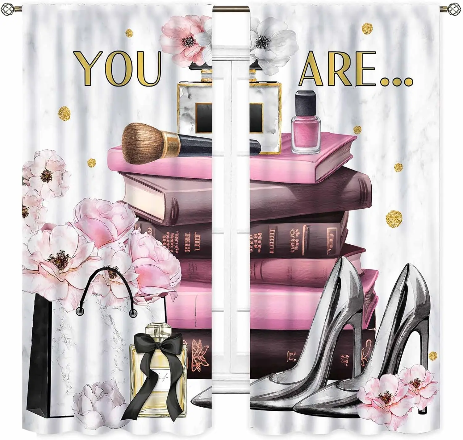 Pink Modern Fashion Curtains, Women Girls Perfume High Heels Magazine Books Rose Floral Cosmetics Makeup Romantic  2 Panels