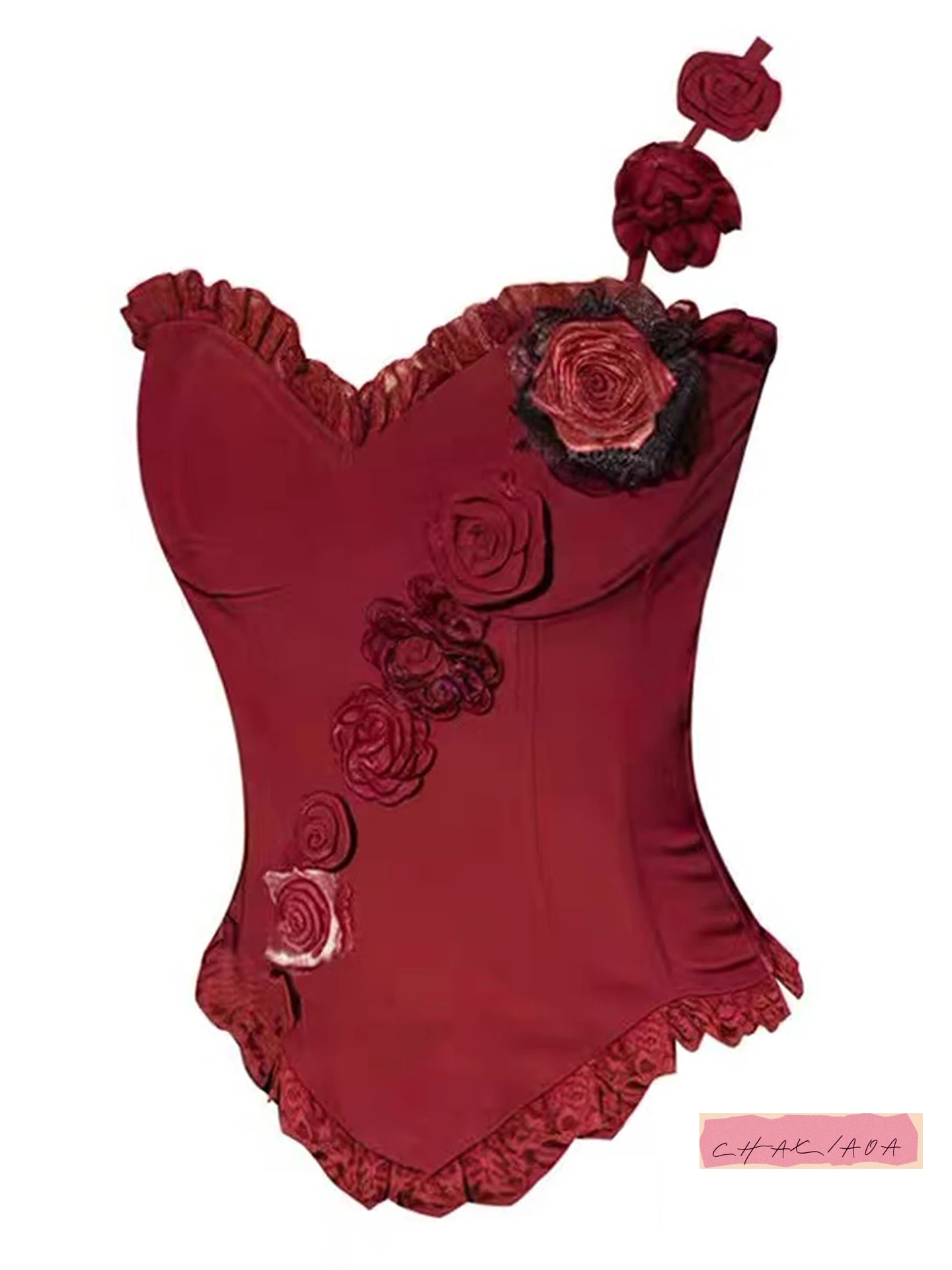 

Red Rose Niche Design with Chest Pad Vest Sling Sweet and Spicy Handsome Heavy Industry Lace Fish Bone Waist Tube Top Women