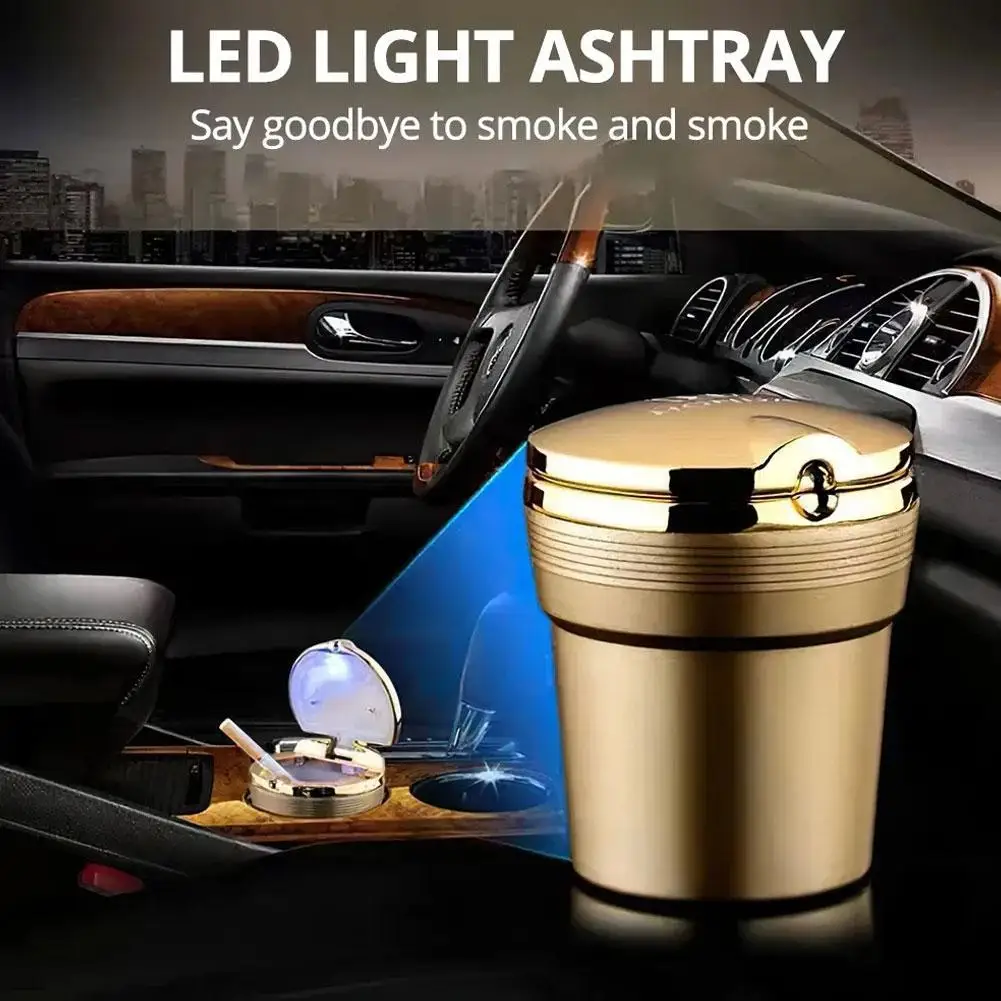 1pcs Car Ashtray with Lid Smell Proof Stainless Steel gold Led Portable Ashtray Cup for Auto Fireproof Shell One Touch Open C1Z9