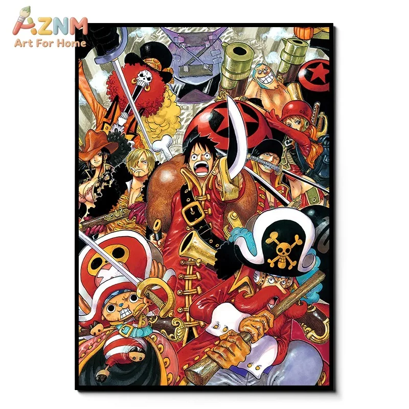 AZNM One Piece Straw Hat Crew All Characters Anime Frameless Canvas Wall Art, Classic Movie Poster Manga Home Living Room Decor