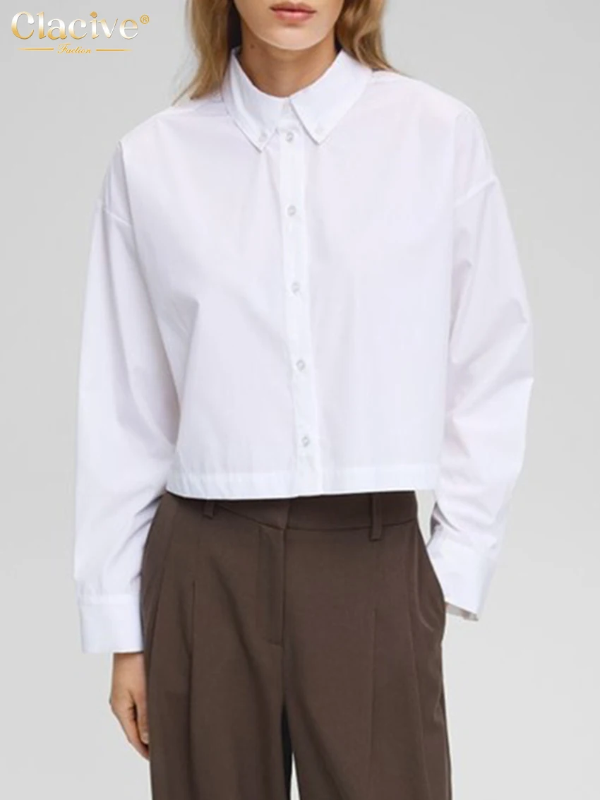 Clacive موضة فضفاضة القطن الأبيض قميص نسائي 2025 أنيقة التلبيب كم طويل بلوزة عادية بسيطة قمة صلب الملابس النسائية