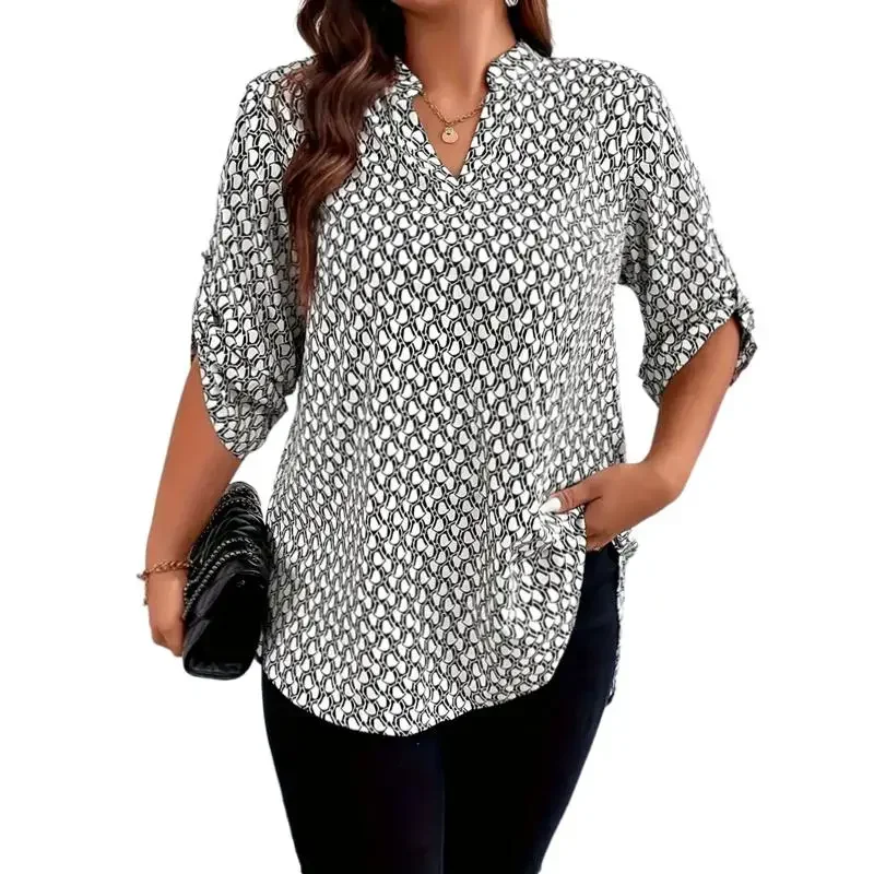 Plus Size 1XL-5XL Women\'s All Over Print Notch Neck Blouse Casual 3/4 Sleeve Blouse For Spring & Fall Women\'s Plus Size Clothing