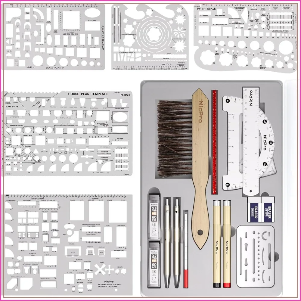 21PCS Professional Drafting Tools & Geometry Set with Case, Architect Compass, Protractor, Metal Pencils, Pens, Scale Ruler, 5 Drawing Templates for Interior Design