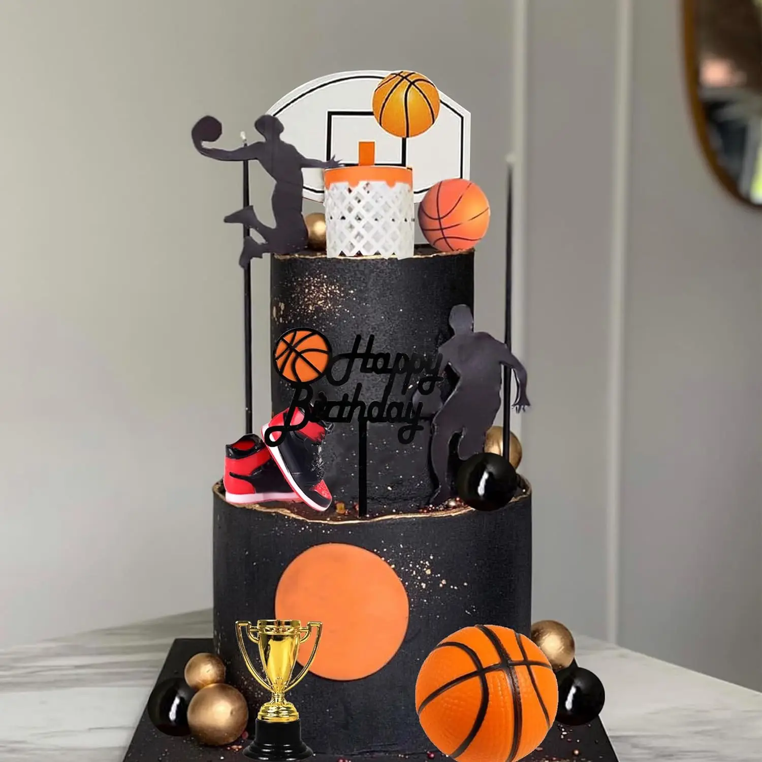 25 PCS Basketball Cake Toppers Black Gold Balls Cake Decorations Basketball Sports Theme Cake Decoration for Boy Birthday Party