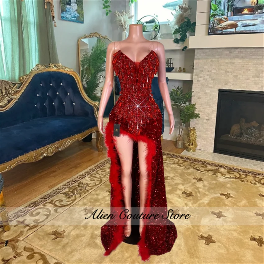 

Elegant Red Diamonds Long Prom Dress 2026 Luxury Beads Crystals Sequins Feathers Birthday Wedding Party Gown Customized