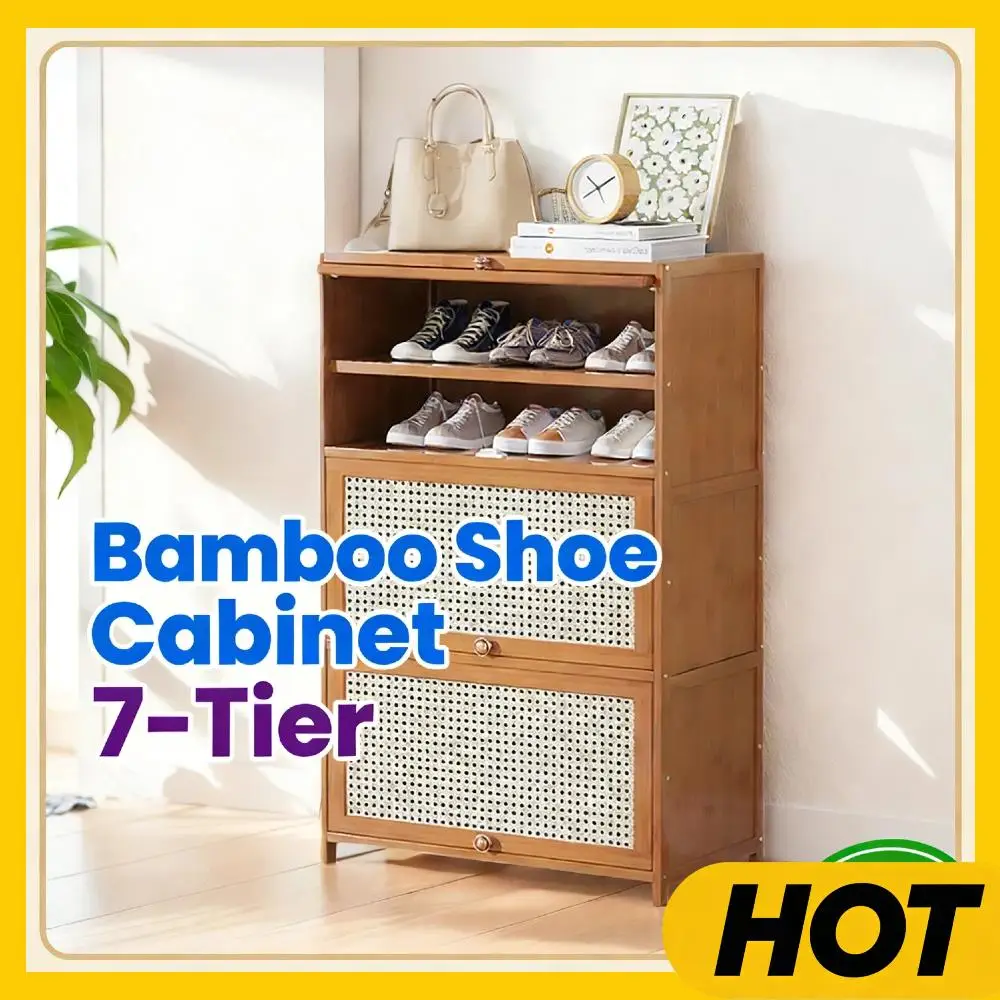 

Narrow Entryway Bamboo Shoe Storage Cabinet 7-Tier Free Standing Shelf with 2 Flip Drawers & Door Spacious Cubby for Shoes Bags