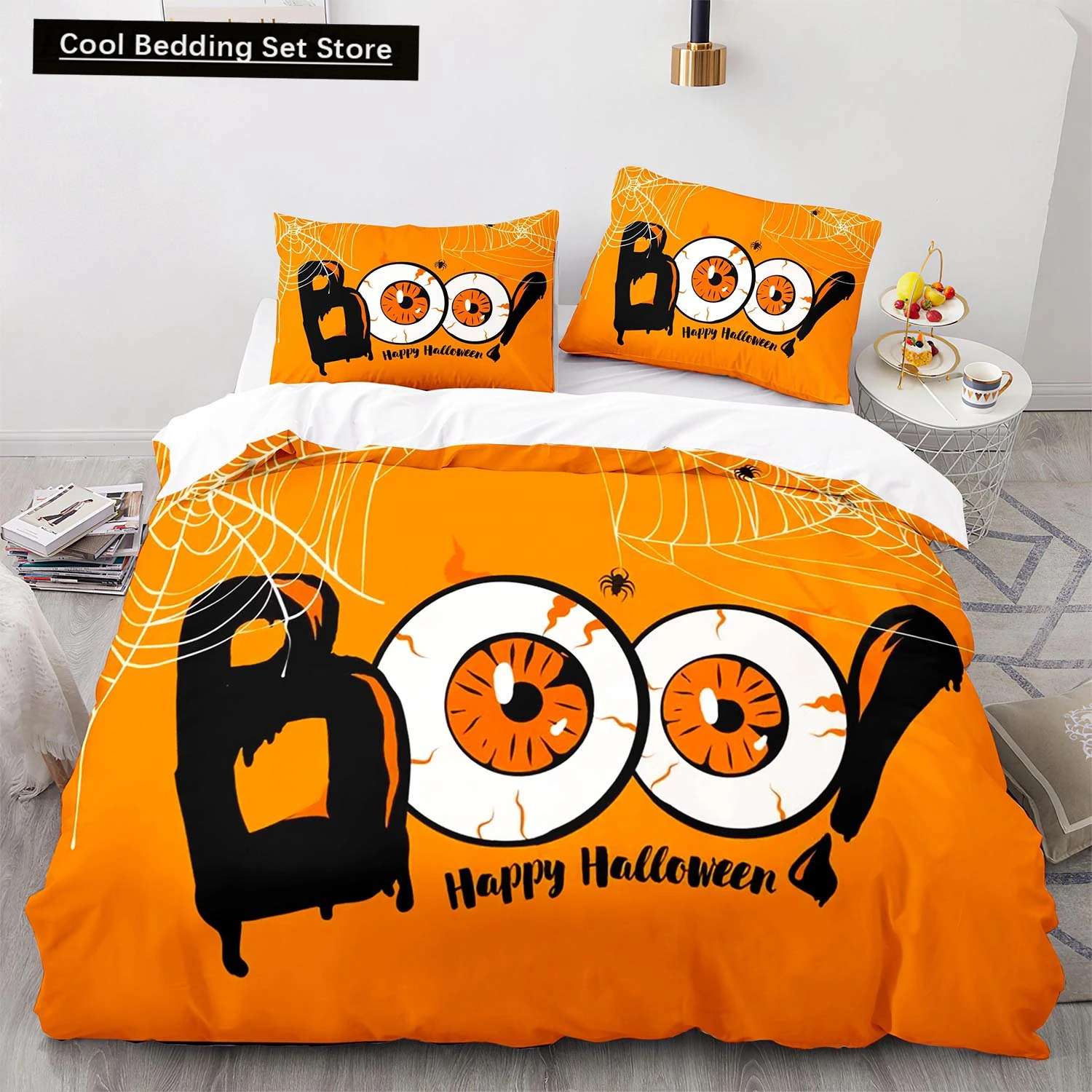

Halloween Boo King Queen Duvet Cover Cartoon Eyes Bedding Set for Kids Teens Adults Little Monster Ghost Polyester Quilt Cover