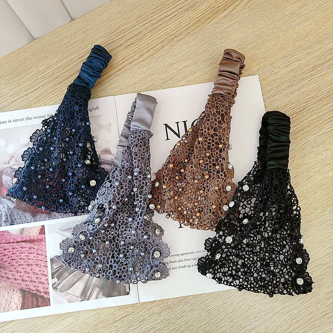 Elegant Floral Lace Bead Headband Polyester Hollow Headband with Elastic Bands Dress Up Hair Accessory Set Pattern Solid Color