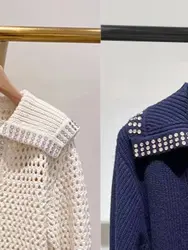 Women Hollow Out Sweater Diamond Trim Sailor Collar Long Sleeve Elegant Autumn Winter 2024 Knitted Pullover